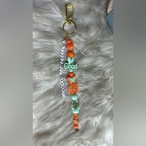 Purse Charm Beaded Keychain Orange Green Accents “A Little Dramatic” Handmade